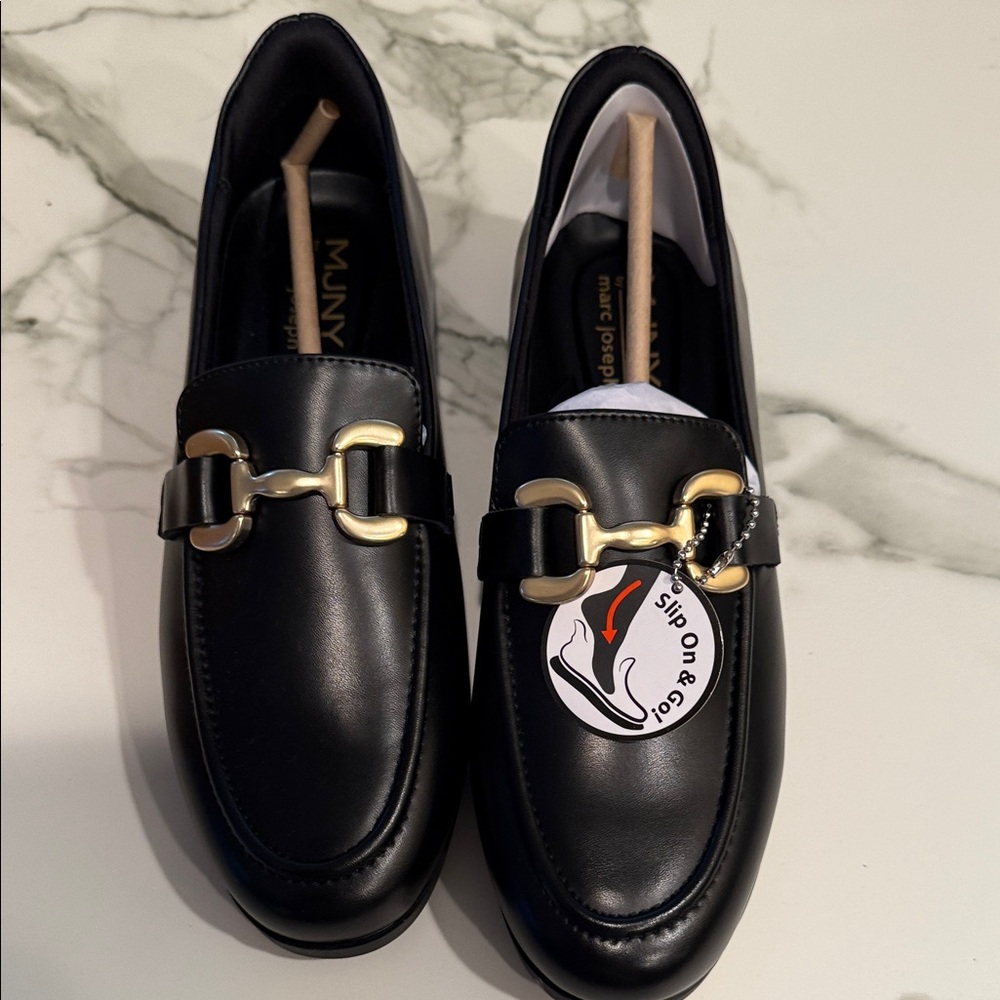 Marc Jacob’s Black Leather Loafers Carmel Ct  with Gold Buckle Accent